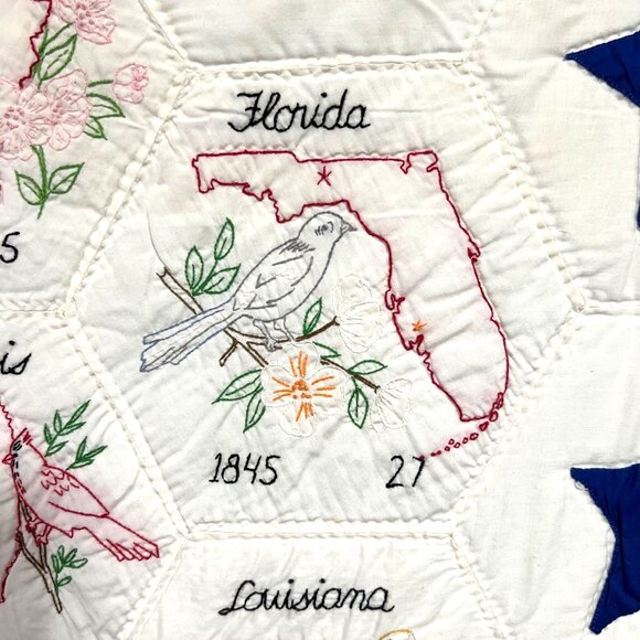 Rare 70s Hand Stitched Heirloom State Flowers Birds Statehood Patchwork Quilt - Picture 2 of 10
